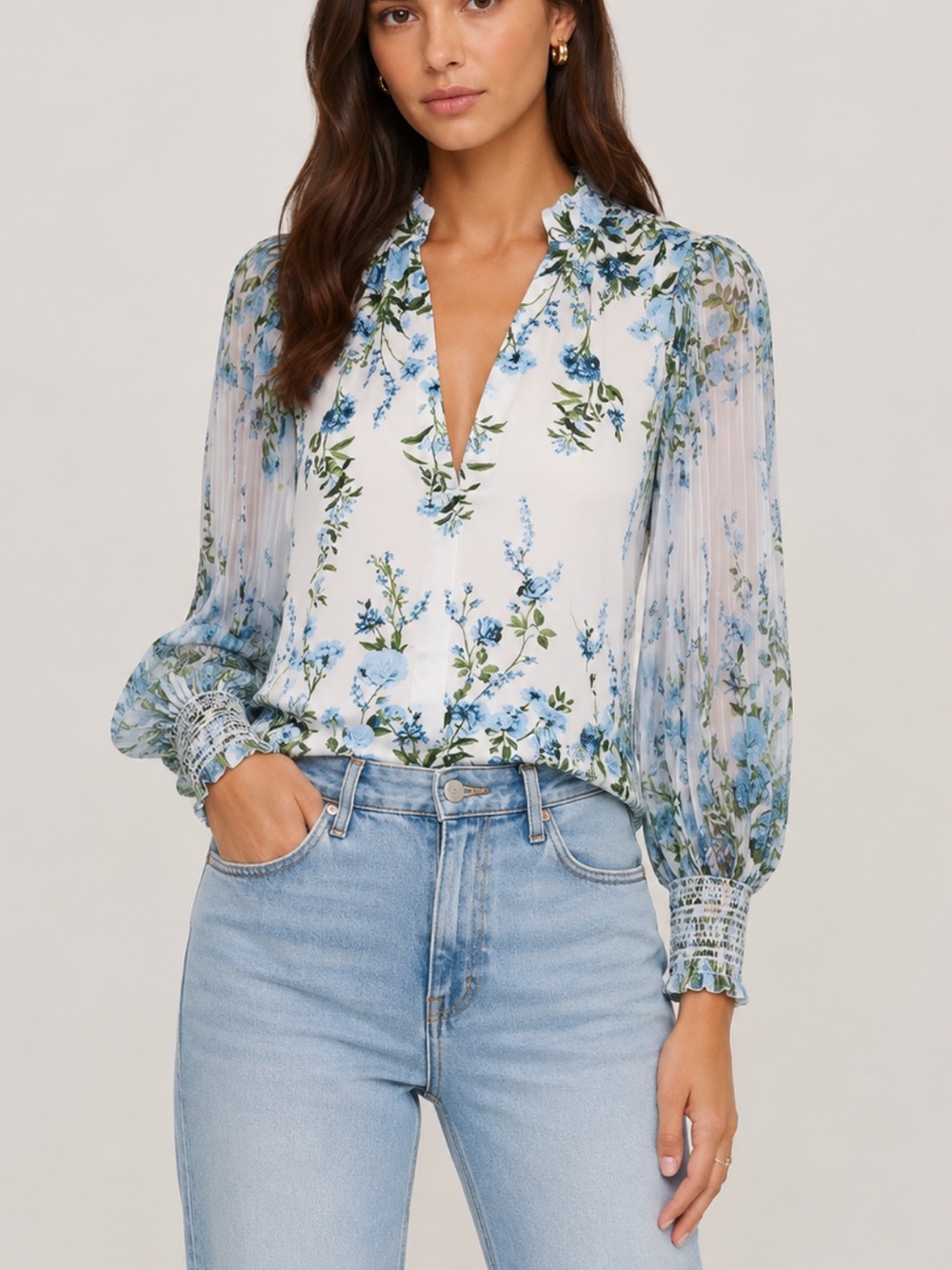 Alice + Olivia Ilan Floral Pleat Sleeve Button Up Shirt Fresh Air Carolina Blue